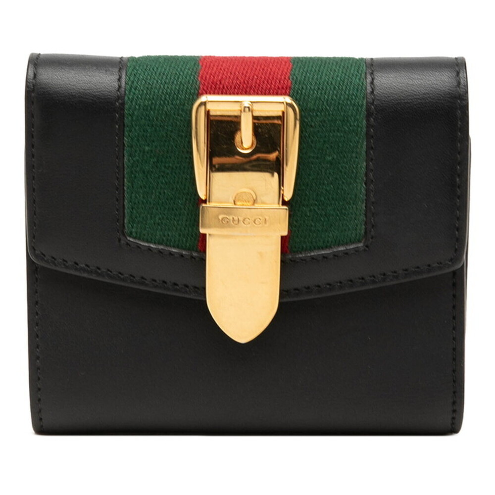 Gucci Sherry Line Sylvie Tri-fold Wallet 476081 Black Gold Leather Women's GUCCI